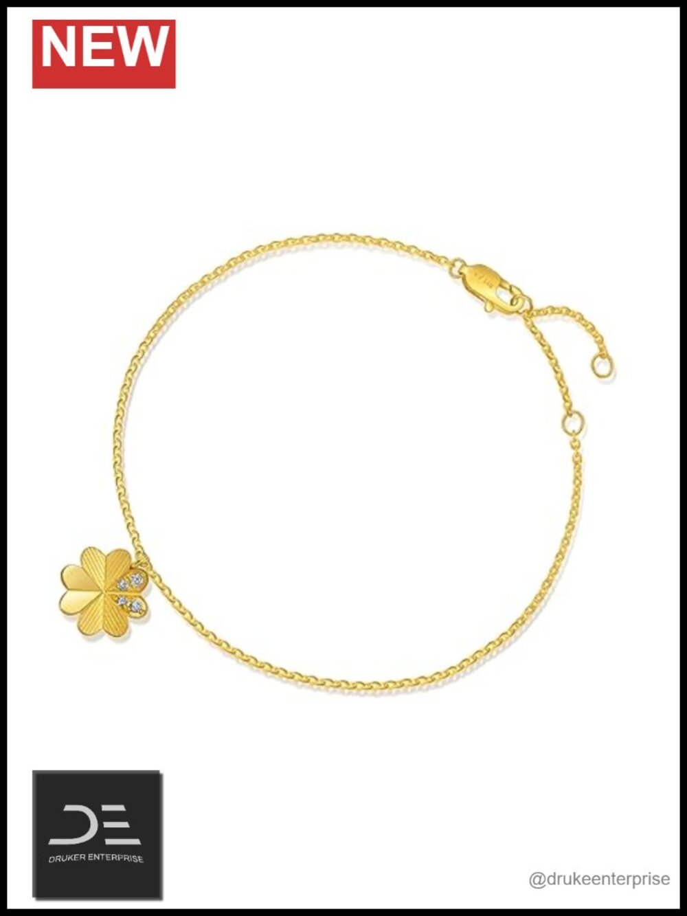 24K Gold Four-Leaf Clover Diamond Link Bracelet 7 Inches